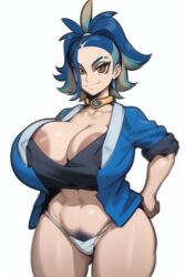 1girls adaman_(pokemon) ai_generated areola_slip areolae big_areola big_breasts blonde_hair blue_clothing blue_hair blue_jacket bottomless breasts brown_areola brown_eyes cleavage collar collarbone colored_inner_hair creamballz cropped_legs curvaceous curvy dark_blue_hair earring eyebrow_slit eyebrow_slits eyebrows female female_only female_pubic_hair forehead front_view fundoshi genderswap_(mtf) green_hair hair hair_strand hair_up half-closed_eyes hands_on_hips huge_areolae huge_breasts inner_hair jacket large_areolae large_breasts looking_at_viewer mature mature_female multicolored_hair navel navy_blue_hair neckwear open_jacket panties pokemon pokemon_legends:_arceus ponytail pubic_hair pubic_hair_peek pubic_tuft rule_63 shirt short_ponytail sleeves_pushed_up sleeves_rolled_up smiling smirk solo standing thick_eyebrows thick_thighs thighs tied_hair toned two_tone_hair upper_body voluptuous voluptuous_female white_background wide_hips