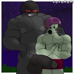 2boys angry anthro artist_name balls bara bara_tiddies bara_tits big_muscles big_nipples black_body boxers clothing cocokun! doom-shroom duo gay genitals half-erect hand_on_shoulder humanoid male_only muscular_male mushroom nervous night nipples pecs pectorals penis plants_vs_zombies pvz red_eyes red_underwear scaredy-shroom_(pvz) size_difference teeth testicles toony underwear video_games