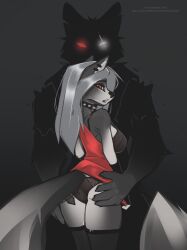 anthro ass black_nose bra canid canid_demon canine canis collar demon ear_piercing female fur goth grey_body grey_fur grey_hair hair hellhound helluva_boss loona_(helluva_boss) male mammal panties piercing piranhafish red_eyes spiked_collar tail vortex_(helluva_boss) white_body white_fur wolf