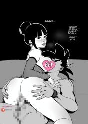 asian asian_clothes asian_female ass ass_focus bangs big_breasts big_butt black_hair blush_lines blushing bouncing_ass breast_press breast_squeeze breast_sucking breastfeeding breastfeeding_during_sex breasts breasts_out chichi cowgirl_position curvy curvy_female dragon_ball dragon_ball_super dragon_ball_z fucked_silly hair_bun husband_and_wife milf mozartav sex sofa soft_breasts son_goku wife