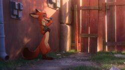 1boy 3d_(artwork) adam_wan ear_piercing fox fully_nude gay hand_behind_head highres looking_at_viewer makeup male nick_wilde nude orange_body outdoor solo zaush zootopia