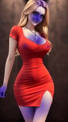 ai_generated blonde_hair blue_skin blueberry blueberry_inflation breast_expansion breasts expansion hips inflation red_dress