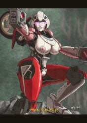 1girls aiming_weapon arcee arcee_(rotb) barely_visible_genitalia barely_visible_pussy big_breasts blaster blaster_pistol blue_eyes breasts cat_eyes cybertronian english_text exposed_breasts exposed_pussy female female_only gu gun jungle jungle_background large_breasts large_eyes mechanoid mechavee metal_body metal_breasts metallic_body nipple_piercing nipples one_leg_up pink_areola pink_areolae pink_nipples pussy robot robot_breasts robot_genitalia robot_girl robot_humanoid robot_pussy smile smiling solo taunting text tires transformers transformers_rise_of_the_beasts vagina valve_nipple visor visor_(armor) visor_glasses visor_helmet wheels white_breasts