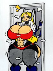 abs blonde_hair character_request hyper_breasts mr.ctm muscular_female robot_girl