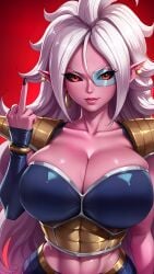 ai_generated android_21 belly_button big_breasts breasts cleavage dragon_ball_fighterz dragon_ball_super hourglass_figure huge_breasts large_breasts looking_at_viewer middle_finger nails navel portrait saiyan_armor sky4maleja upper_body