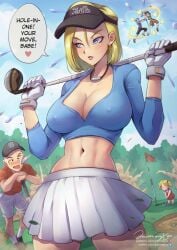 abs android_18 big_breasts black_hair blonde_hair blue_eyes blush canon_couple cleavage color daughter dragon_ball english_text female female_focus golf golf_club hat hi_res husband_and_wife jammeryx jewelry krillin kuririn large_breasts looking_at_another looking_pleasured male married_couple marron midriff miniskirt muscular muscular_female nipple_bulge nipples_visible_through_clothing pleated_skirt purple_hair short_hair skirt son_goten tagme text text_bubble thick_thighs trunks_(dragon_ball) trunks_briefs