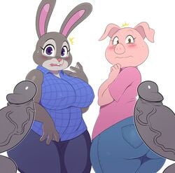 2018 anthro ass balls big_breasts big_butt blush bonnie_hopps breasts clothed clothing crossover digital_media_(artwork) disney erect_nipples erect_nipples_under_clothes female lagomorph large_breasts male mammal mature_female open_mouth overweight overweight_female penis penis_awe pig porcine purple_eyes rabbit rosita_(sing) shortstack simple_background sing_(movie) sssonic2 sweat teeth thick_thighs unseen_male_face vein white_background wide_hips zootopia