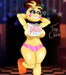 4k animatronic bib blurry_background breasts chicken five_nights_at_freddy's five_nights_at_freddy's_2 furry glowing_eyes gothtrishy hands_behind_head head_tilt heart heart-shaped_pupils hi_res highres huge_thighs leg_up lovetaste_chica panties pink_panties robot robot_girl seductive seductive_eyes seductive_look seductive_smile shiny shiny_breasts shiny_hair shiny_skin smile smiling smiling_at_viewer squish text thick_thighs thighs toy_chica_(fnaf) wide_hips yellow_body yellow_fur
