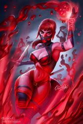 1girls artist_signature big_breasts blood blood_magic cleavage_cutout dagger heroharborx mortal_kombat mortal_kombat_11 oiuuart red_eyes red_hair red_mask red_outfit signature skarlet skarlet_(mk11)