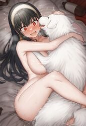 1girls ahe_gao ai_generated big_breasts black_hair blush bond_forger bottle canid canine completely_nude_female drunk empty_bottle female_on_feral feral feral_on_female feral_on_human feral_penetrating feral_penetrating_human hairband happy_sex huge_breasts human human_penetrated interspecies leg_lock long_hair looking_pleasured motion_lines on_bed on_side open_mouth open_smile red_eyes sentinel_axis sex side spy_x_family steam steaming_body thick_thighs thighs white_fur yor_briar yor_forger zoophilia