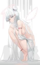 barefoot breast_press breast_squeeze breast_squish breasts crouching crouching_female feet genek long_hair oc original_character see-through see-through_clothing side_view sideboob teenager white_hair wings