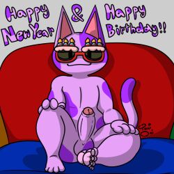 1:1 4_fingers 4_toes animal_crossing anthro barefoot bob_(animal_crossing) eyewear feet felid feline fingers fur fur_markings furniture genitals glasses humanoid_genitalia humanoid_penis looking_at_viewer male mammal markings nintendo nude pawpads penis purple_body purple_fur signature simple_background sitting smile smiling_at_viewer sofa solo solo_focus spots tail text toes toni_oni yellow_sclera