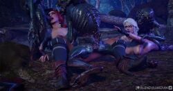 2girls 3d ass blender blendguardian breasts ciri completely_nude female green_eyes light-skinned_female light_skin monster monster_rape nipples nude penis pussy rape red_hair the_witcher_(series) the_witcher_3:_wild_hunt triss_merigold white_hair