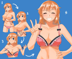 blue_background blue_eyes blush bow_bra bra breasts brown_hair charlotte_e_yeager closed_eyes collarbone dressing female frilled_bra gesture grin groin highres hiroshi_(hunter-of-kct) large_breasts looking_at_viewer navel nipples panties pink_bra pink_panties simple_background smile solo step_by_step strike_witches topless tutorial underwear v world_witches_series