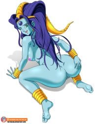 ass asshole barefoot blue_hair blue_skin dragon dragon_ball_gt feet grabbing_ass grabbing_own_ass liu_xing_long looking_back looking_over_shoulder naked naked_female nipples oceanus_shenron oceanus_shenron_(princess_oto) on_floor visible_pussy wink winking