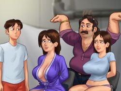 2boys 2d 2girls arms_behind_back arms_tied_behind_back big_breasts breasts brown_hair cleavage clothed clothing concerned darkcookie debbie_(summertime_saga) digital_drawing_(artwork) digital_media_(artwork) hostage jenny_(summertime_saga) light-skinned_female light-skinned_male light_skin long_hair main_character_(summertime_saga) milf panties shocked shocked_expression standing summertime_saga surprised surprised_expression tied tied_arms tied_hands tony_(summertime_saga) underwear