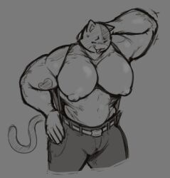 1boy anthro bara bara_tits big_biceps calico_cat domestic_cat feline fortnite fortnite:_battle_royale hyper_muscles hyper_pecs locitony male_breasts male_only meowscles_(fortnite) moobs muscular muscular_male overalls overalls_only puffy_nipples sweat sweatdrop sweating tagme