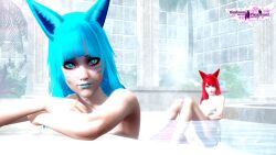 2girls 3d animal_ears animal_humanoid bath bathing black_eyebrows blue_eyes blue_hair blue_hair_female blue_lips blue_lipstick column day eyeshadow face_tattoo female_only fox_girl fox_humanoid foxear foxgirls in_water make_up makeup naked naked_female neekumari nude nude_female outdoors plant red_eyes red_hair red_hair_female red_lips red_lipstick riaykuras_playground sauna sisters sitting_in_water steam sunlight tattoo tattoo_on_face tile_wall tiles water xayari