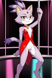 1girls 2024 ai_generated anthro blaze_the_cat blushing bottomless bottomless_female collar digitigrade feline female female_only hi_res inner_ear_fluff innie_pussy inside looking_at_viewer on_stage pole pole_dancing purple_fur pussy sega smile sonic_(series) sonic_the_hedgehog_(series) strip_club white_fur yellow_eyes