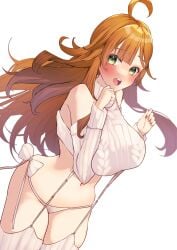 aoko_1021 belly_button blush breasts female_focus ginger_hair gingersnapsirius green_eyes huge_breasts indie_virtual_youtuber light_skinned solo_female virgin_destroyer_sweater virtual_youtuber white_armwear white_bottomwear white_legwear