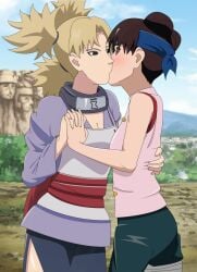 2girls assertive assertive_female blonde_hair blush brown_eyes brown_hair clothing embarrassed eye_contact female female/female female_only hair_bun holding_hands interlocked_fingers kissing kunoichi looking_at_another looking_at_partner multiple_girls naruto naruto_(classic) naruto_(series) ninja no_bra optimystic outdoors pants petite petite_body ponytail quad_tails rivals shirt skirt standing teal_eyes teasing temari temari(genin) tenten tenten(genin) torso_grab twin_buns vest young yuri