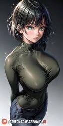 ai_generated arms_behind_back big_breasts black_hair blouse creamy_ai female female_only from_above fubuki_(one-punch_man) green_blouse green_eyes hi_res jeans navel_visible_through_clothes nipples_visible_through_clothing one-punch_man parted_lips patreon_username perky_breasts short_hair