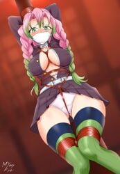 1girls 2d 2d_(artwork) big_breasts blush bondage braid breasts busty cleavage covered_mouth crotch_rope curvy_body curvy_female curvy_figure demon_slayer female female_focus female_only gag gagged green_eyes green_hair kanroji_mitsuri kimetsu_no_yaiba large_breasts mole mole_under_eye multicolored_hair mymyeye panties pink_hair rope_bondage solo solo_female thick_thighs thighhighs thighs thin_waist tied tied_hands tied_legs tied_up two_tone_hair uniform voluptuous voluptuous_female white_panties wide_hips