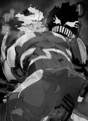 2boys absurdres bar_censor bara bodysuit boku_no_hero_academia censored clenched_teeth endeavor_(my_hero_academia) enji_todoroki erection fire gay greyscale highres hooded_nomu japanese_text large_pectorals male_focus male_only mature_male migi_(mm86262394) monochrome multiple_boys muscular muscular_male my_hero_academia nomu pectorals penis rape ripped_clothing ripping_clothing short_hair teeth thick_thighs thighs todoroki_enji translation_request yaoi