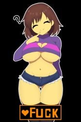 1girls 2d ? brown_hair cleavage_cutout closed_eyes dumb english_text female female_frisk female_only frisk game_mechanics girl human human_female human_only imminent_sex medium_hair midriff skindentation smile solo stupid sweater thighhighs underboob undertale undertale_(series) unepicroachy yellow_skin