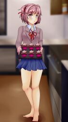 1girls 5_toes barefoot blue_skirt blurry_background breasts claudski clothed_female clothes cupcakes doki_doki_literature_club female female_only kitchen looking_to_the_side mittens natsuki_(doki_doki_literature_club) pink_eyes pink_hair school_uniform solo solo_female uniform