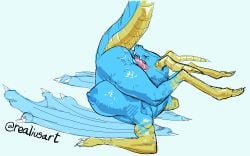 anthro autocunnilingus big_breasts biped blue_body blue_scales breasts dragon female genitals gold_scales horn huge_breasts lying masturbation mythological_creature mythological_scalie mythology nipples on_back oral oral_masturbation pussy realius scales scalie solo thick_thighs vaginal_masturbation vaginal_penetration yellow_horn