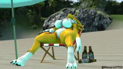 alcohol anthro bandai_namco beach beverage closed_eyes digimon digimon_(species) female hi_res monarch7703_(artist) nude outside renamon seaside solo