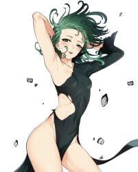 1girls armpits arms_up blush breasts collarbone green_eyes green_hair highres looking_at_viewer messy_hair one-punch_man partially_clothed short_hair solo sweat tagme tatsumaki tongue torn_clothes xtermination