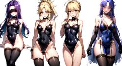 2024 4girls ai_generated alternative_version artoria_pendragon blindfold blush fate_(series) female female_focus female_only kxy medea_(fate) medusa_(fate) mordred_(fate) saber stockings