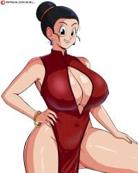 1girls armwear big_breasts black_eyes black_hair bracelet breasts chichi cleavage clothing dragon_ball dress ear_piercing earrings female female_only hair hair_bun hips huge_breasts mature mature_female mature_woman milf mother nipple_bulge panarandom pelvic_curtain red_dress smile solo solo_female thighs