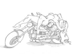 animaniacs anthro breasts female female_only fur furry kraudev lying minerva_mink mink monochrome motorcycle nipples nude on_back side_view solo tagme vehicle