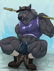 anthro biped blaidd_(elden_ring) blue_eyes bottomwear bulge canid canine canis clothing crouching elden_ring fangs footwear fromsoftware fur hat headgear headwear hi_res male mammal muscular muscular_anthro muscular_male navel scar shoes shorts simple_background socks solo tambangwoof teeth wolf