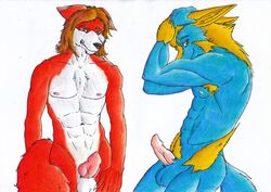 alfred_(umpherio) anthro ass balls canine duo erection fox fur furry grin hair hand_on_head knot looking_at_viewer male mammal manectric manny_(dialuca) nipples nude pencils penis pokémon_(species) pokemon pubes smile standing umpherio wolf