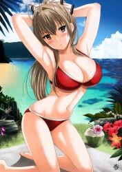 1girls amagi_brilliant_park armpits arms_up beach bikini bird blush breasts brown_eyes brown_hair cleavage coconut day drink flower hair_ribbon hibiscus kneeling large_breasts long_hair looking_at_viewer navel o-ring o-ring_bottom o-ring_top ocean ponytail red_bikini ribbon seagull sento_isuzu skindentation solo sweat swimsuit woman xtermination