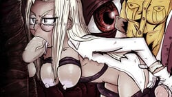 alucard areolae breasts fellatio female fluids glasses hellsing hetero implied_futanari integra_hellsing kuroki-hollow nipples seras_victoria