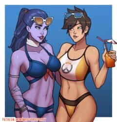 2girls alternate_costume bikini breasts cleavage cote_d'azur_widowmaker crop_top female female_only mrpotatoparty overwatch panties stomach tracer widowmaker