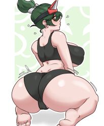 1girls back_view big_ass big_breasts clothing green_hair gym_clothes kiriko_(overwatch) light_skin overwatch overwatch_2 solo solo_female sunk118 thick_thighs wide_hips