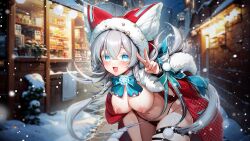 ark_re:code breasts christmas_outfit cosma_(ark_re:code) exposed_breasts female outside panties snow solo white_hair