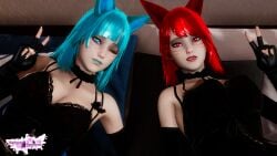 3d animal_ears animal_humanoid black_clothing black_eyebrows blue_eyes blue_hair blue_hair_female blue_lips blue_lipstick eyeshadow face_tattoo female_only fox_girl fox_humanoid foxear foxgirls gloves group make_up makeup multiple_girls neekumari only red_eyes red_hair red_hair_female red_lips red_lipstick riaykuras_playground sisters tattoo tattoo_on_face xayari