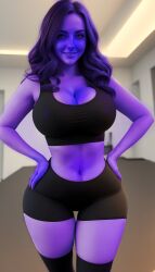 ai_generated big_breasts black_clothing black_shorts black_tank_top blue_skin blueberry blueberry_inflation breast_expansion breasts brown_hair cleavage expansion hips inflation purple_skin shorts tank_top tight_clothes tight_clothing tight_fit