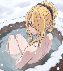 1girls alternate_hairstyle asairosora back back_view bath bathing blonde_hair blush brown_eyes closed_mouth completely_nude completely_nude_female cynthia_(pokemon) hair_covering_eye hair_ornament hair_over_one_eye hair_scrunchie long_hair looking_at_viewer nude nude_female one_eye_covered partially_submerged pokemon pokemon_dppt scrunchie sitting smile snow solo water