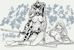 breasts clothing emma_frost female female_only flashing frelncer human kneeling marvel monochrome nipples on_side sword warbird white_queen x-men