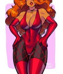 cartoon_network cleavage fishnet_stockings fishnets ginger ginger_hair hair_over_eyes latex long_hair long_legs long_red_hair milf powerpuff_girls provocative red_hair red_lips red_lipstick sara_bellum sedusa_(cosplay) zeshgolden