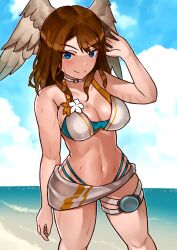 bikini blue_eyes blush brown_hair eunie_(xenoblade) large_breasts looking_at_viewer oniisan02b solo solo_female solo_focus sweat swimsuit wide_hips wings wings_on_head xenoblade_(series) xenoblade_chronicles_3 yotsuhauni