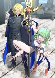 1boy 1girls alternate_costume blonde_hair blue_eyes blue_nail_polish breasts byleth_(fire_emblem) byleth_(fire_emblem)_(female) dancer dancer_(three_houses) dancer_outfit dancing dimitri_alexandre_blaiddyd female fire_emblem fire_emblem:_three_houses green_eyes green_hair koutei_penko large_breasts male nail_polish nintendo penkopeneya pole pole_dancing spear thighs weapon yellow_hair